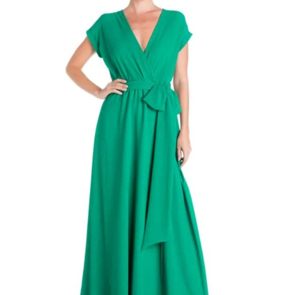Meghan LA Dresses Flattering Wrapstyle Dramatic Front Leg Slit